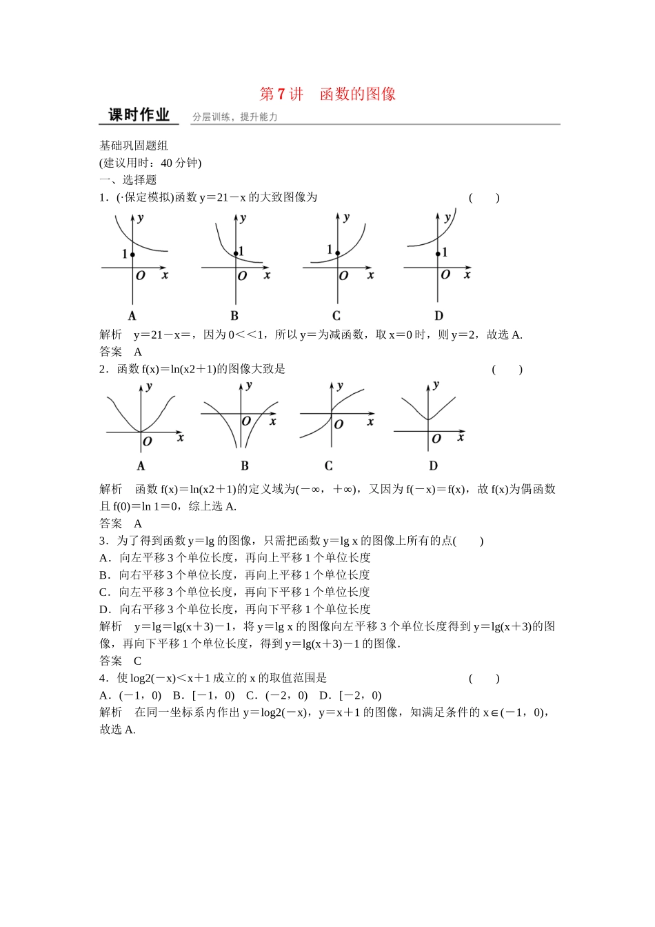 高考数学一轮复习 2-7函数的图像课时作业 文 北师大版_第1页