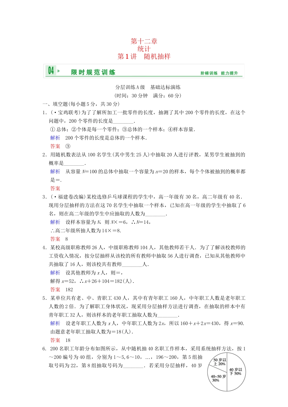 高考数学一轮复习 第十二章 第1讲 随机抽样配套训练 理 新人教A版 _第1页