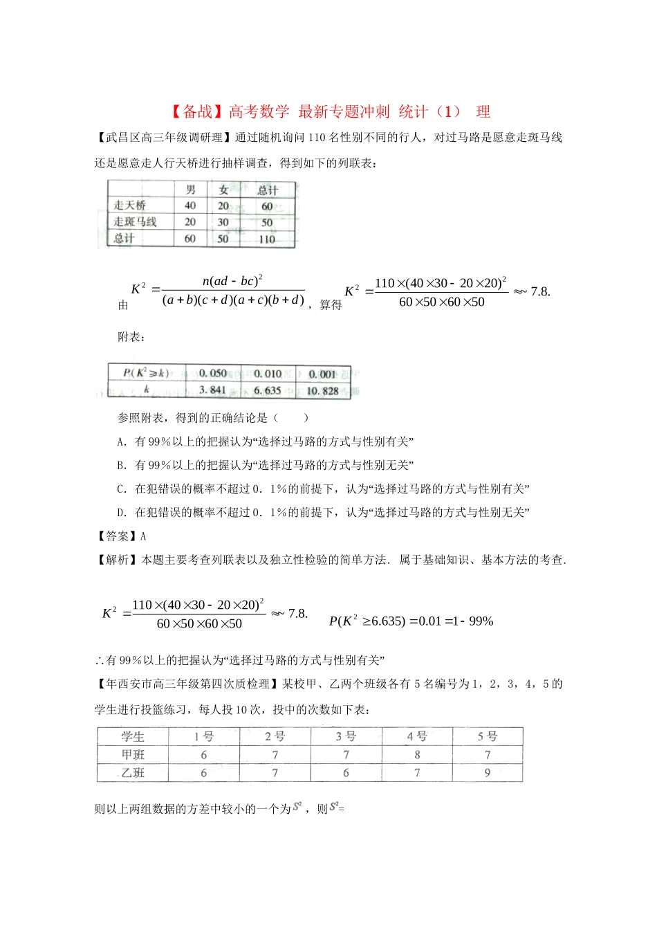 高考数学 最新专题冲刺 统计（1） 理_第1页