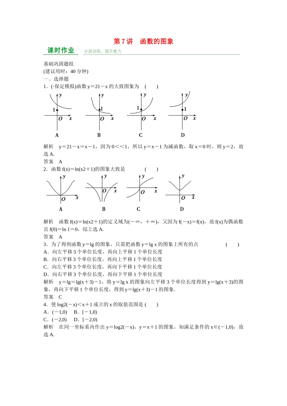 高考数学一轮复习 第2章 第7讲 函数的图象课时作业 文 新人教A版_第1页