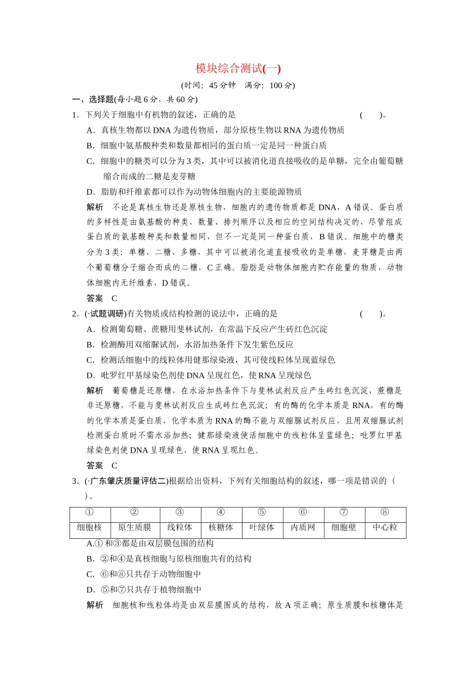 高三生物二轮新题结练习 模块综合测试1 （含13真题，含详解）_第1页