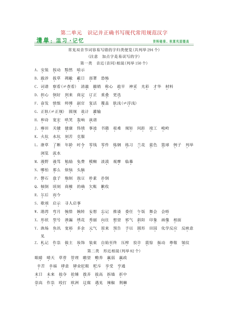 高考语文大一轮复习 第2单元识记并正确书写现代常用规范汉字知识清单_第1页