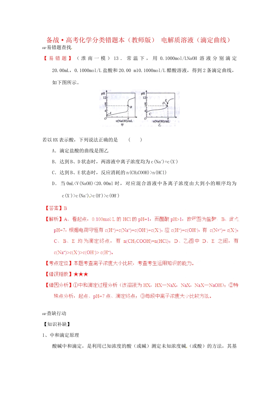 高考化学 易错题分类解析 电解质溶液 滴定曲线相关（含解析）（版）_第1页