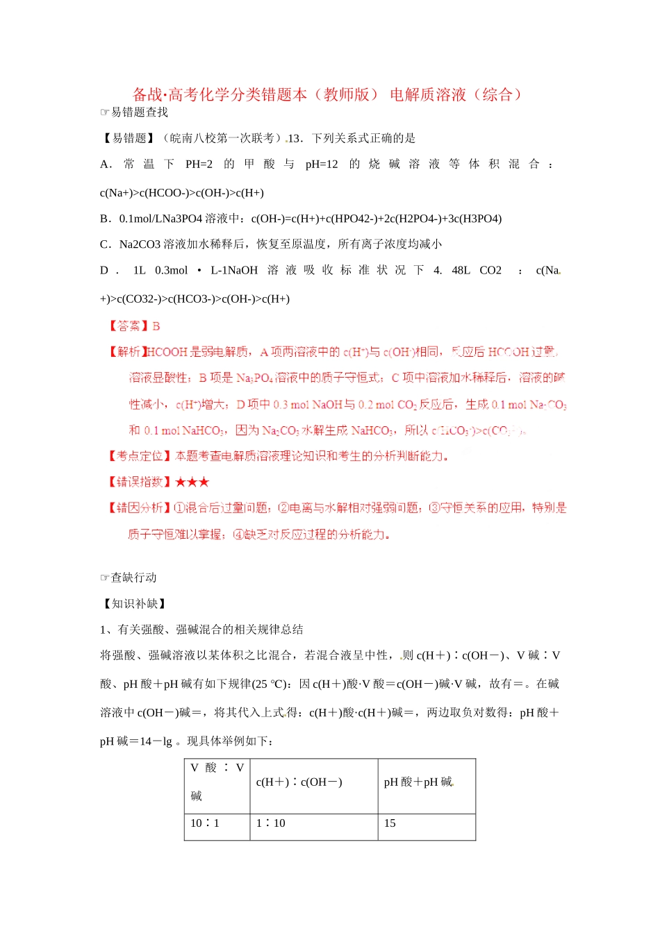 高考化学 易错题分类解析 电解质溶液（含解析）（版）_第1页