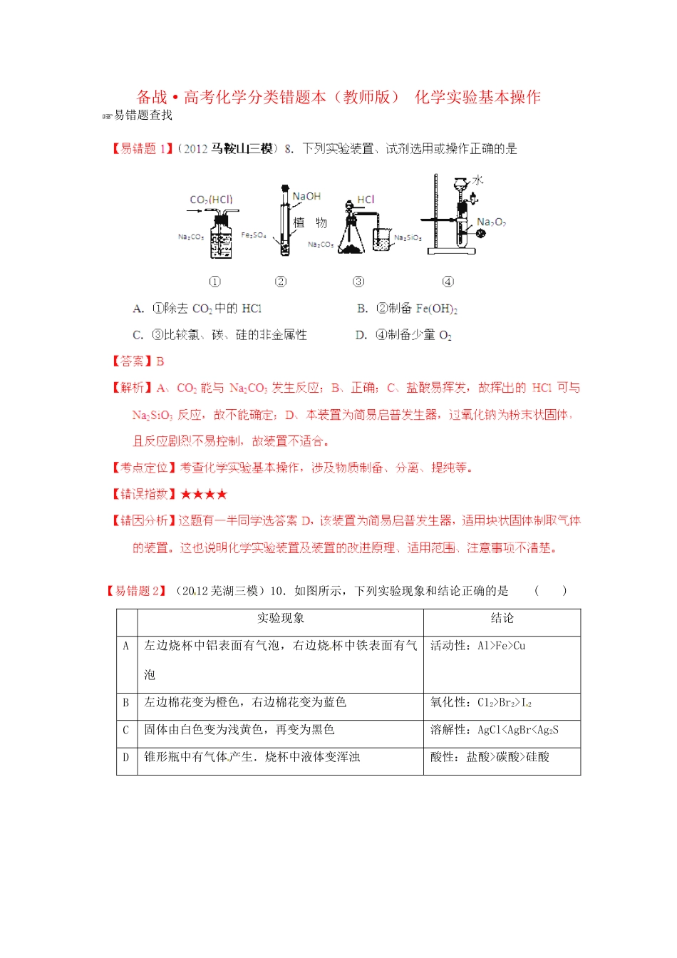 高考化学 易错题分类解析 化学实验基本操作（含解析）（版）_第1页