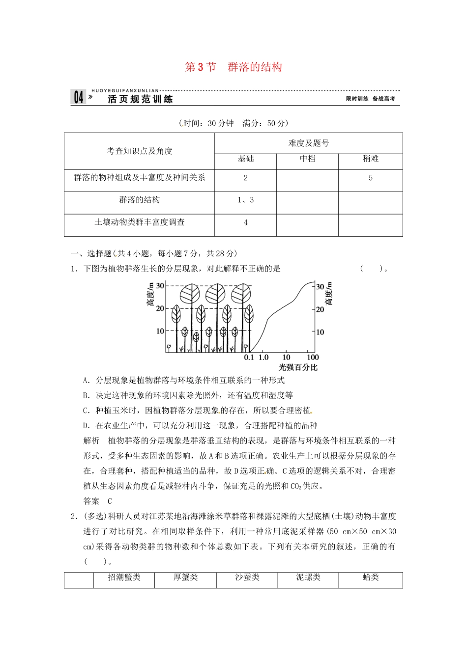学高中生物 43群落的结构试题 新人教版必修3_第1页