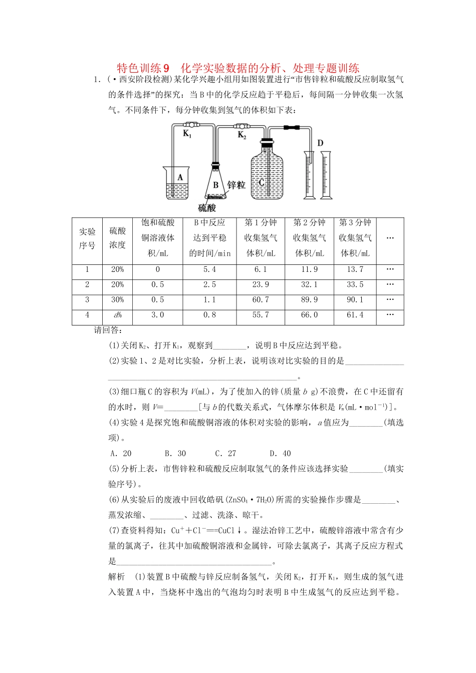 高考化学一轮复习 特色训练9 化学实验数据的分析、处理专题训练（含解析）苏教版_第1页