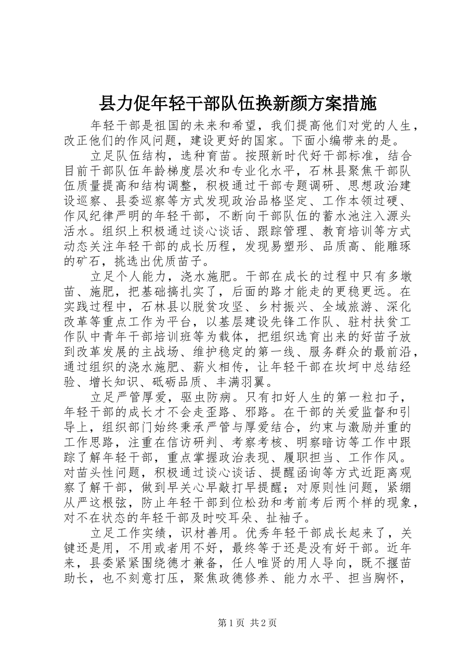 2024年县力促年轻干部队伍换新颜方案措施_第1页