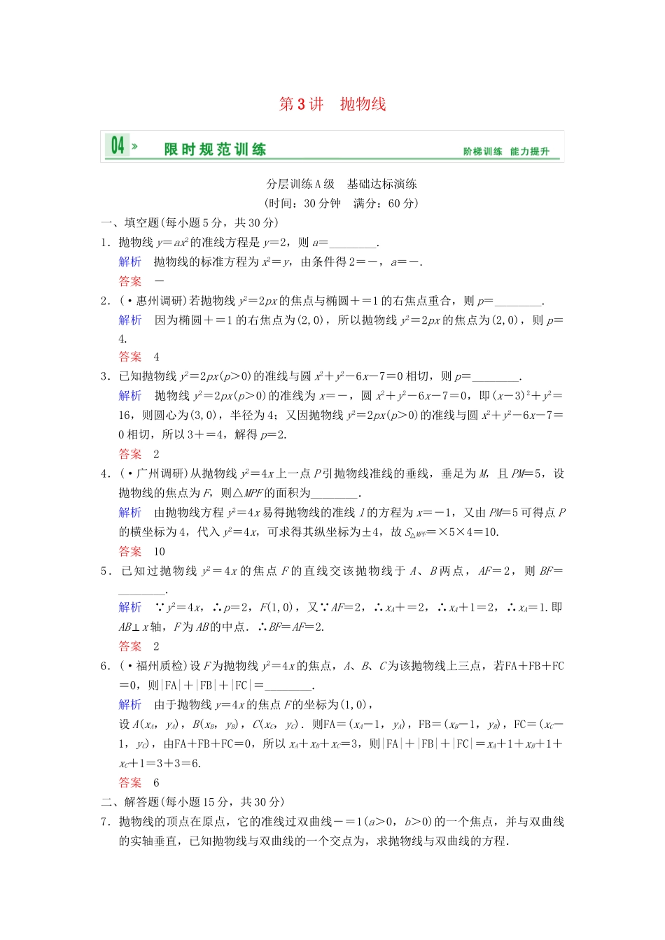 高考数学一轮复习 第十章 第3讲 抛物线配套限时规范训练 理 苏教版_第1页