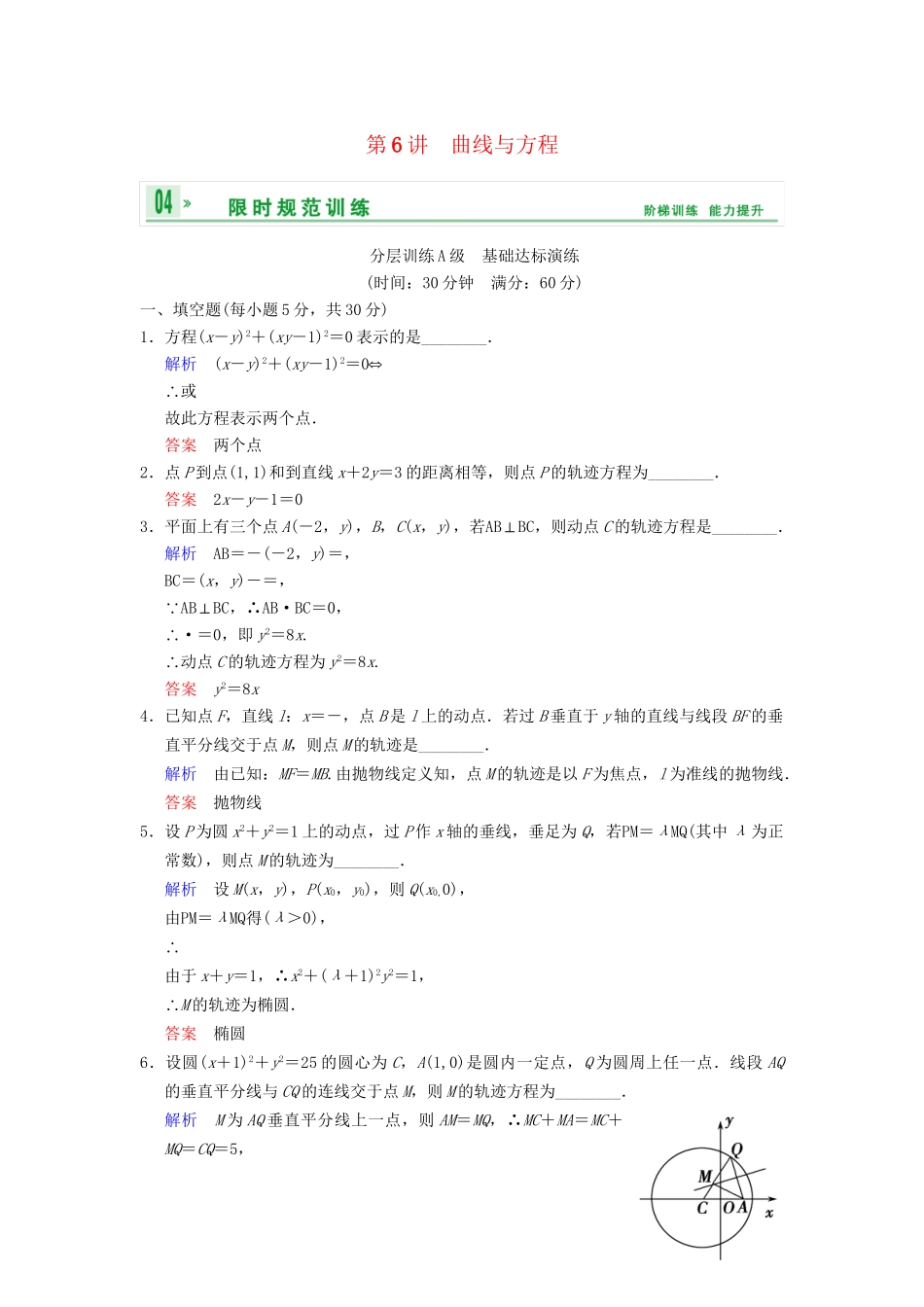 高考数学一轮复习 第十章 第6讲 曲线与方程配套限时规范训练 理 苏教版_第1页