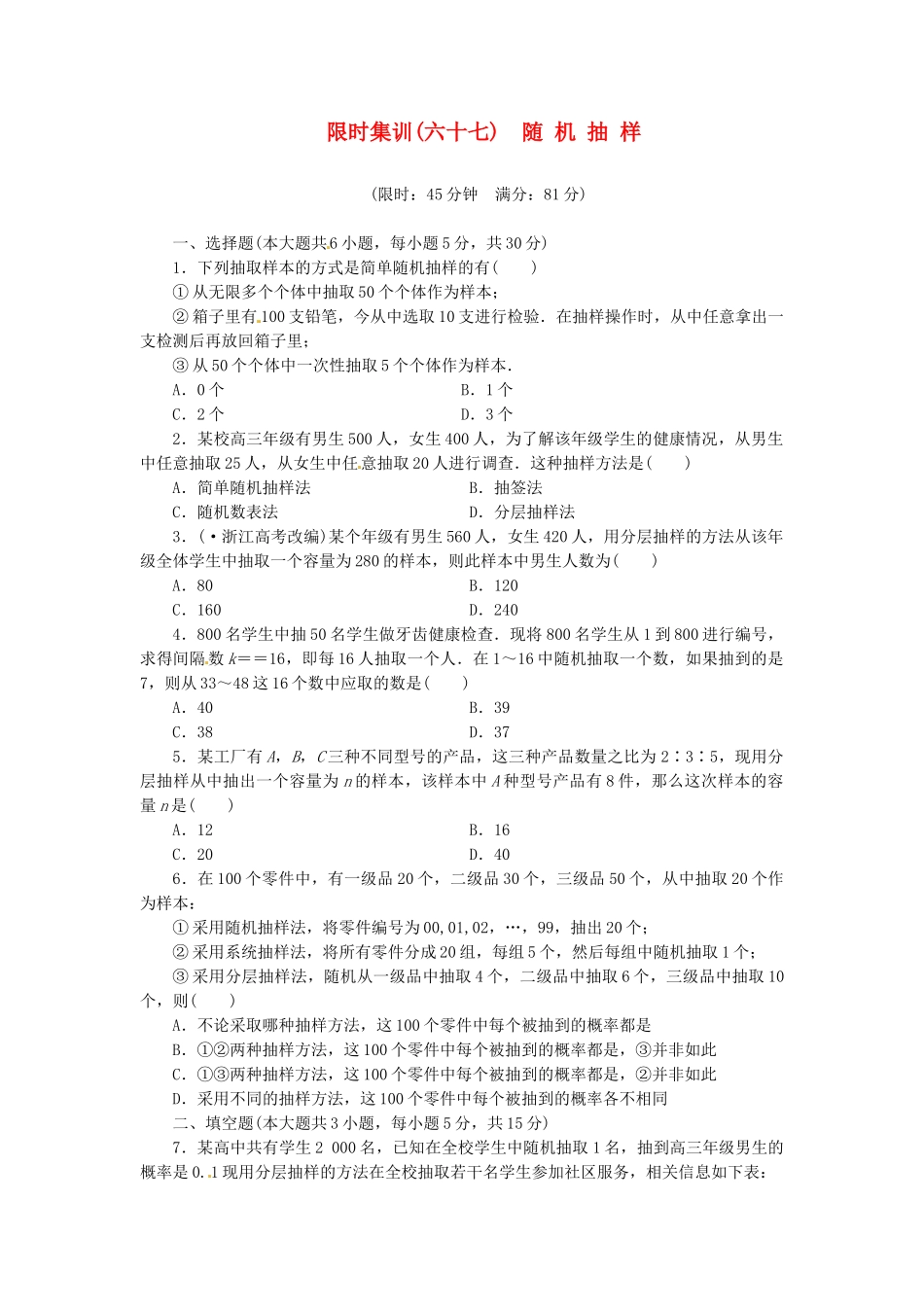 高考数学一轮复习 限时集训(六十七)随 机 抽 样 理 新人教A版_第1页