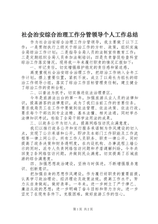 2024年社会治安综合治理工作分管领导个人工作总结