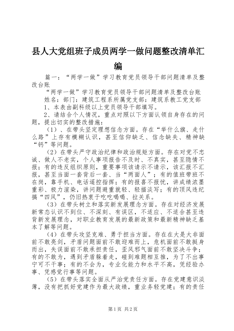2024年县人大党组班子成员两学一做问题整改清单汇编_第1页