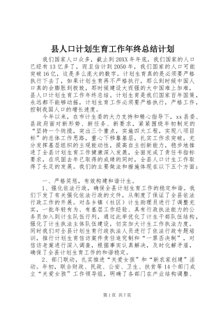 2024年县人口计划生育工作年终总结计划