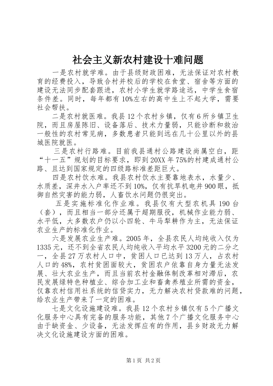 2024年社会主义新农村建设十难问题_第1页