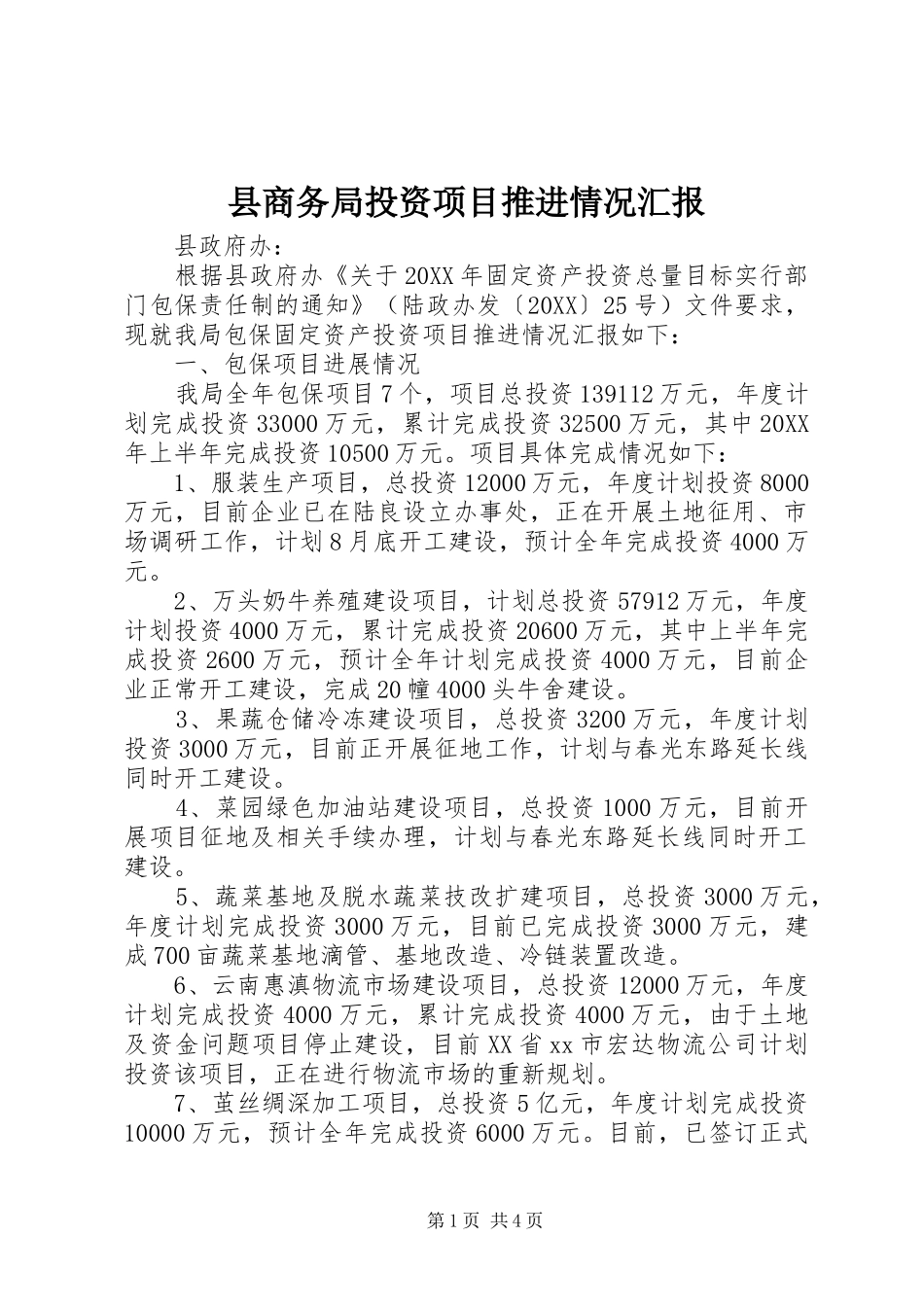 2024年县商务局投资项目推进情况汇报_第1页