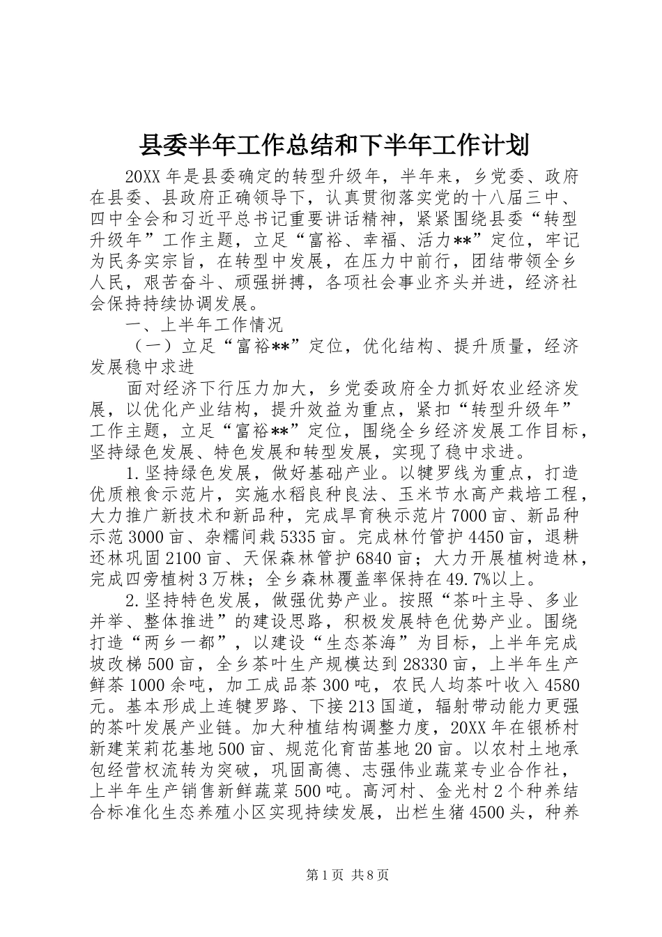 2024年县委半年工作总结和下半年工作计划_第1页