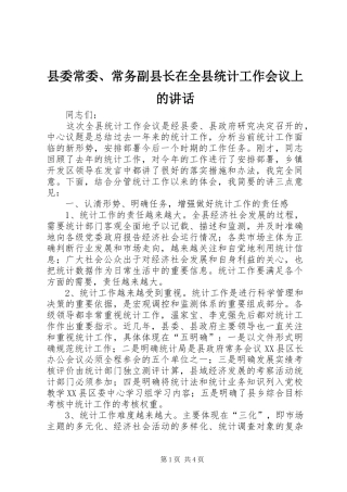 2024年县委常委常务副县长在全县统计工作会议上的致辞