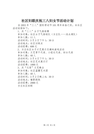 2024年社区妇联庆祝三八妇女节活动计划