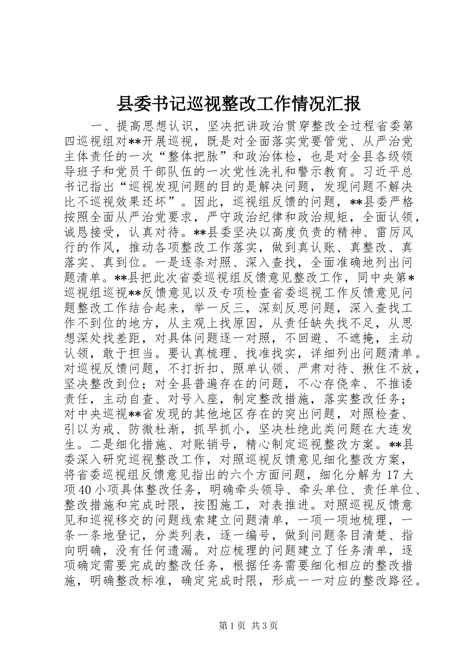 2024年县委书记巡视整改工作情况汇报_第1页