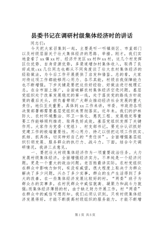 2024年县委书记在调研村级集体经济时的致辞