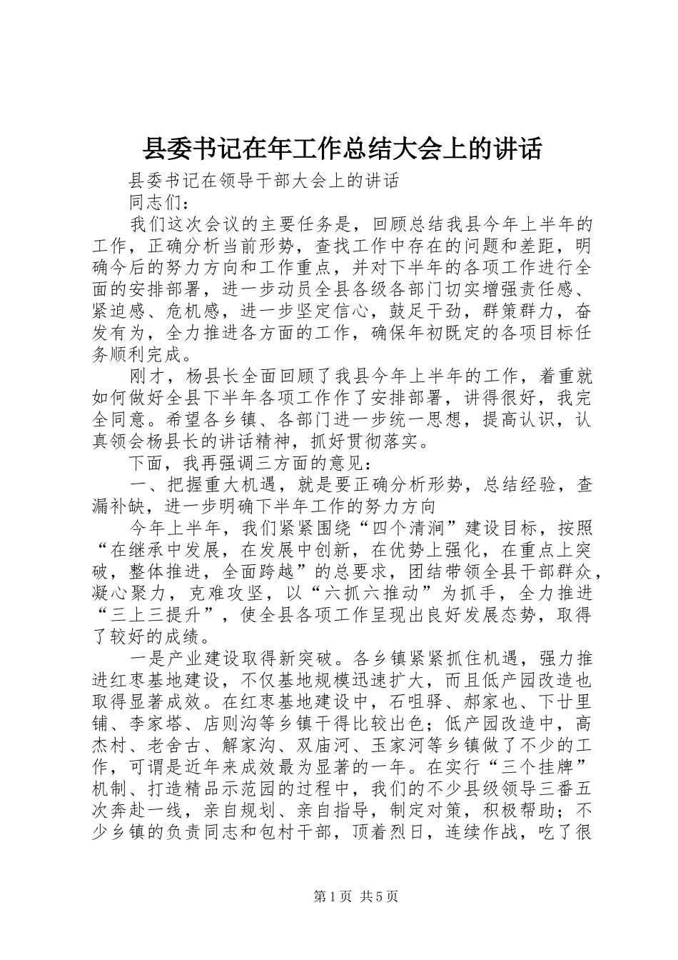 2024年县委书记在年工作总结大会上的致辞_第1页