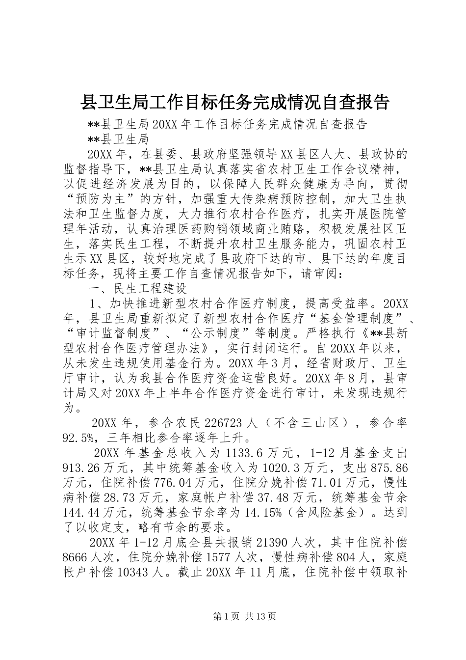 2024年县卫生局工作目标任务完成情况自查报告_第1页
