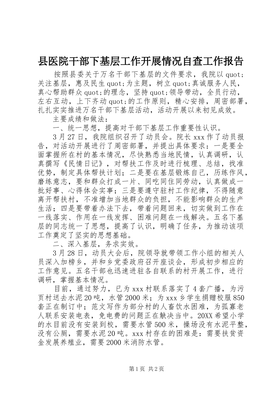 2024年县医院干部下基层工作开展情况自查工作报告_第1页