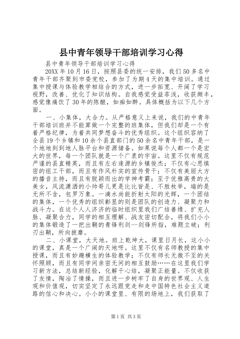 2024年县中青年领导干部培训学习心得_第1页