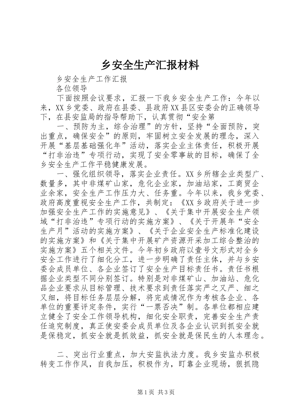 2024年乡安全生产汇报材料_第1页