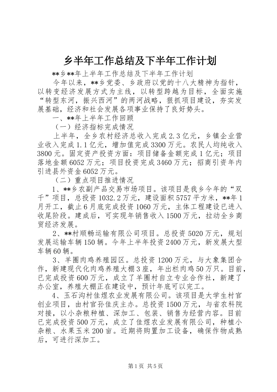 2024年乡半年工作总结及下半年工作计划_第1页