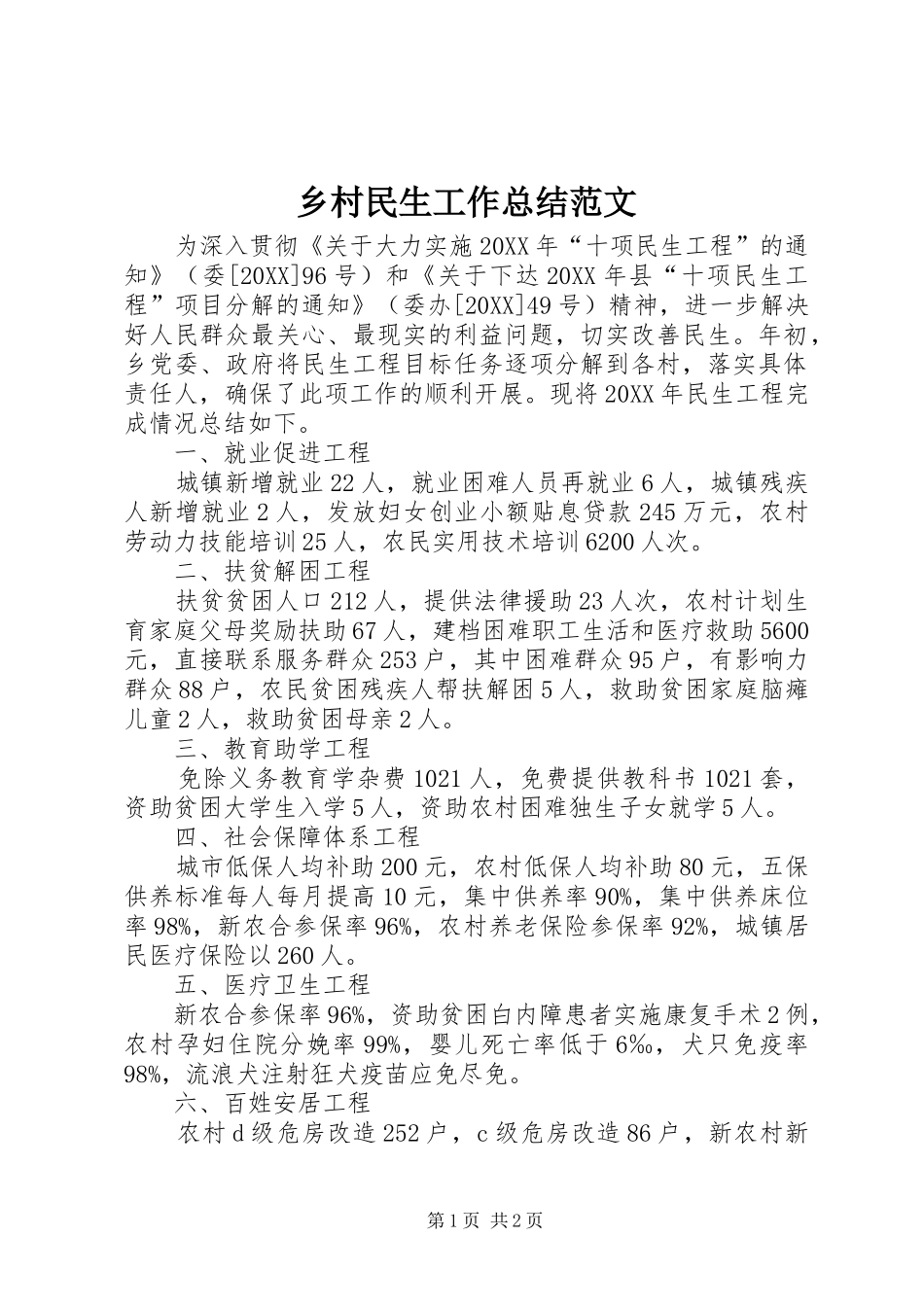 2024年乡村民生工作总结范文_第1页