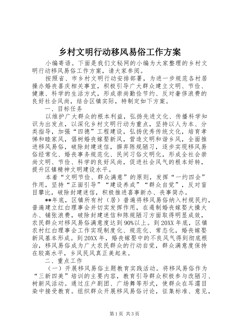 2024年乡村文明行动移风易俗工作方案_第1页