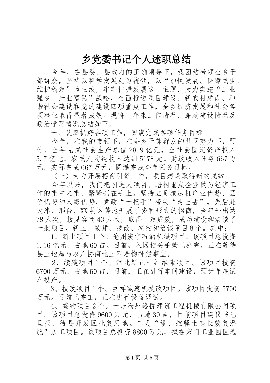 2024年乡党委书记个人述职总结_第1页