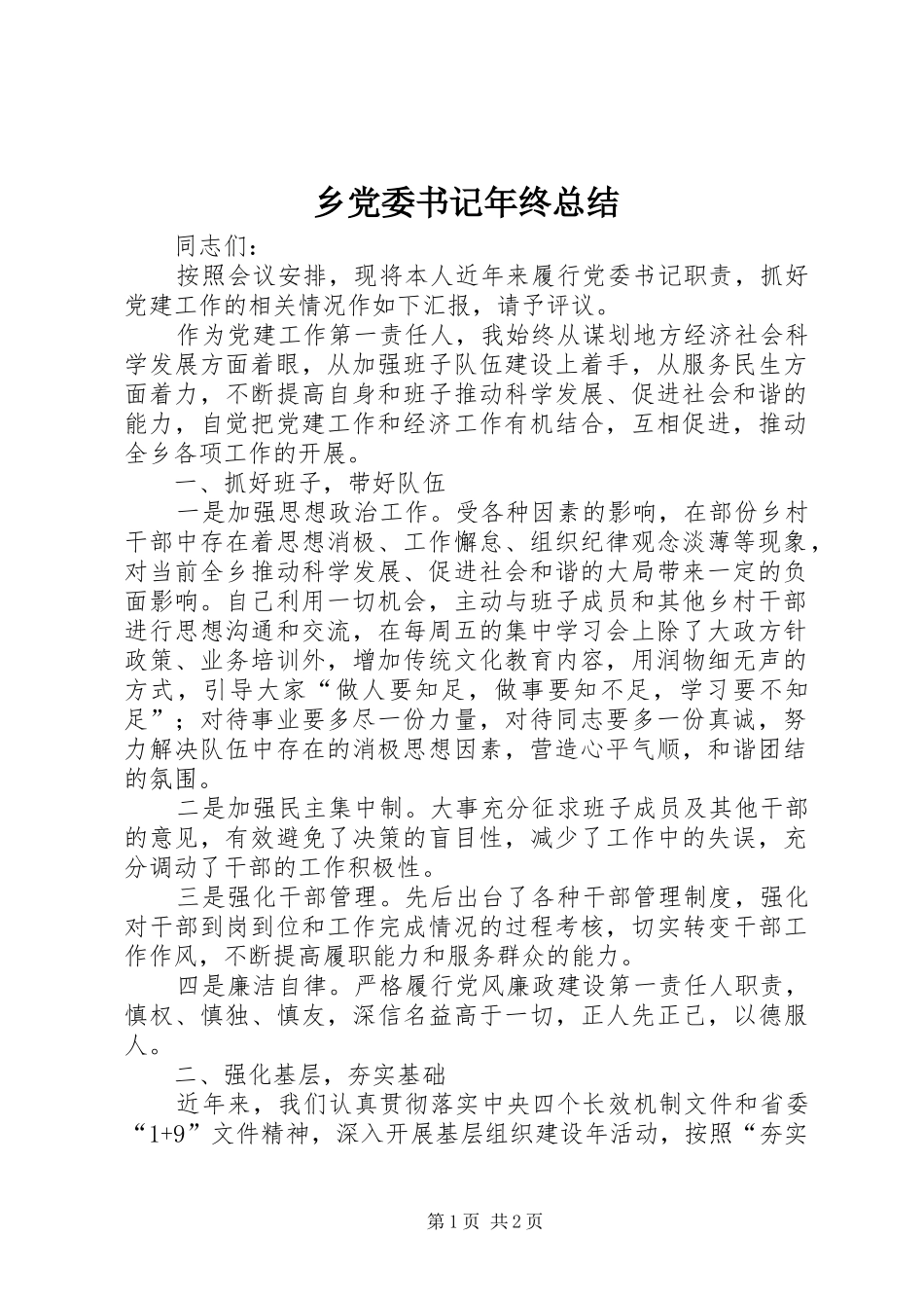 2024年乡党委书记年终总结_第1页