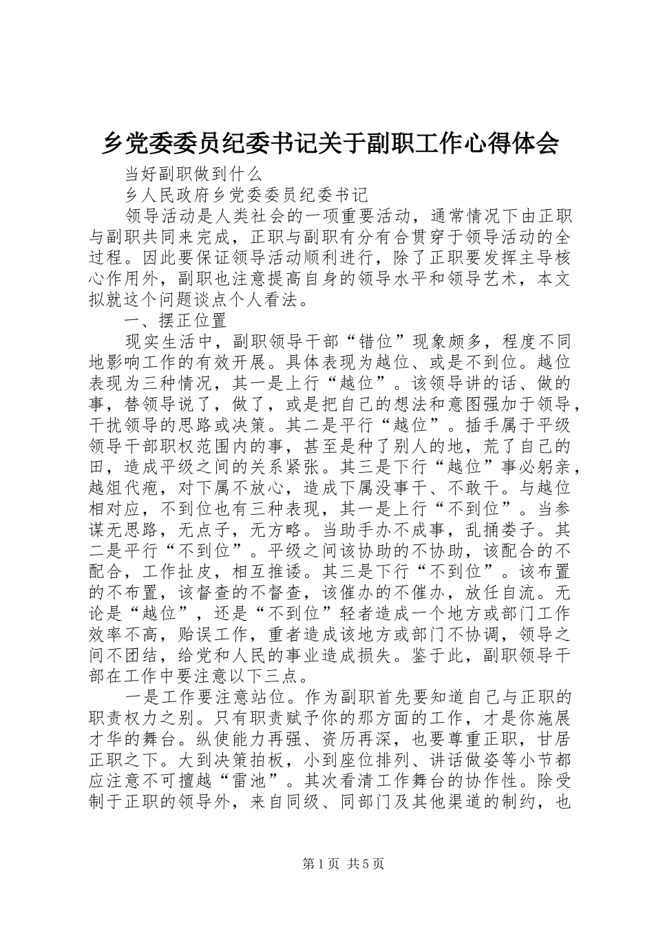 2024年乡党委委员纪委书记关于副职工作心得体会_第1页