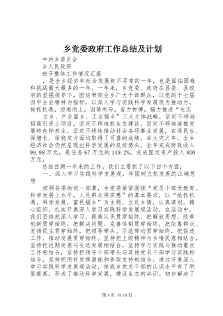 2024年乡党委政府工作总结及计划