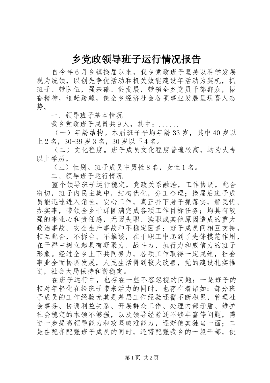 2024年乡党政领导班子运行情况报告_第1页