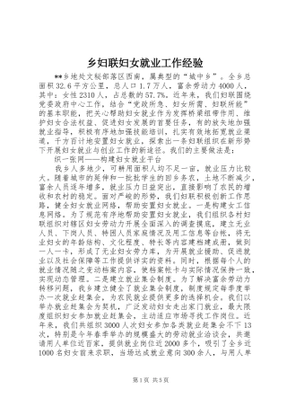2024年乡妇联妇女就业工作经验