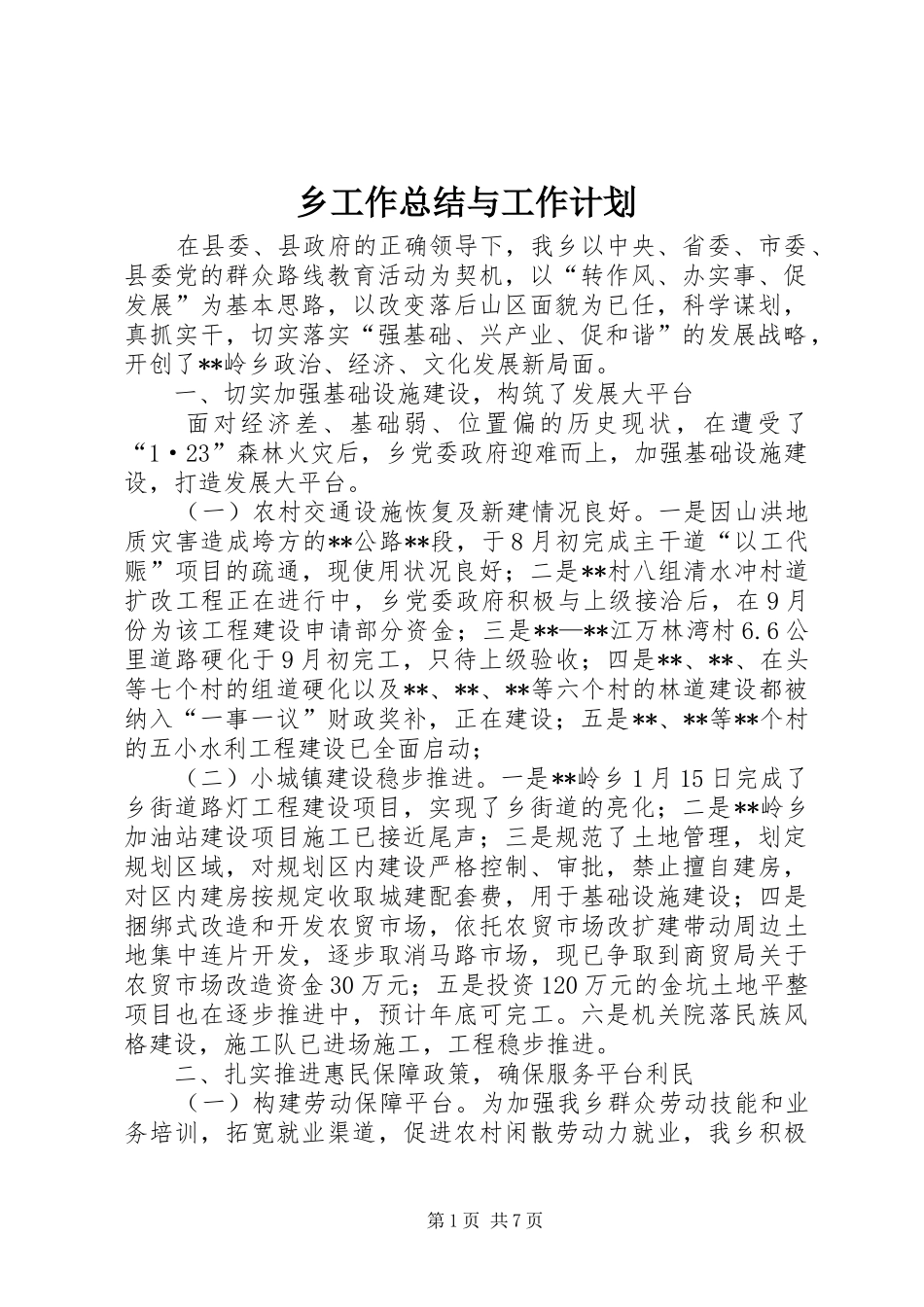 2024年乡工作总结与工作计划_第1页