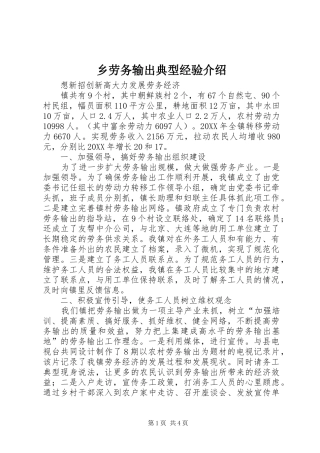 2024年乡劳务输出典型经验介绍