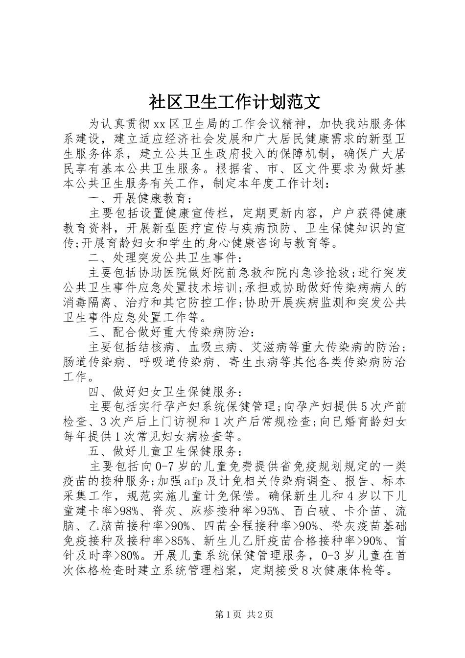 2024年社区卫生工作计划范文_第1页