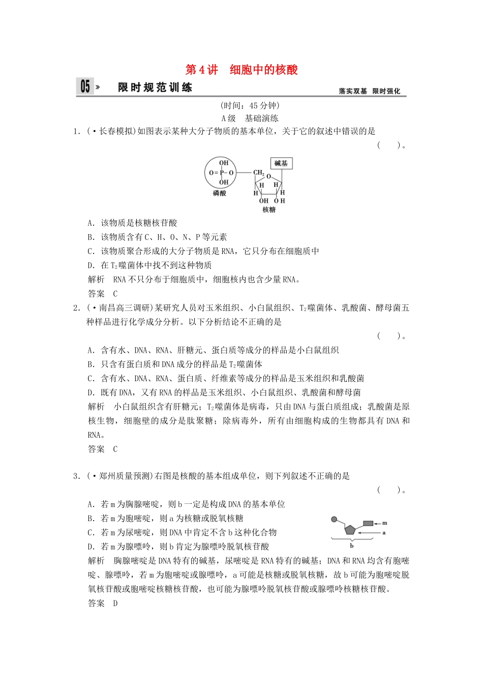 湖北省高考生物总复习 1-3-4细胞中的核酸配套训练 中图版必修1 _第1页