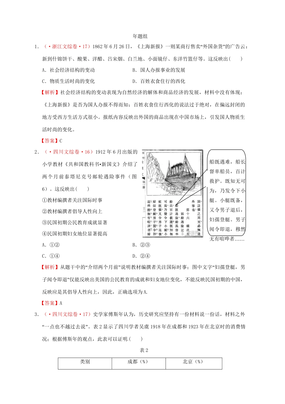 高考历史 真题按课汇编 第14课 物质生活与习俗的变迁 新人教版必修2_第2页