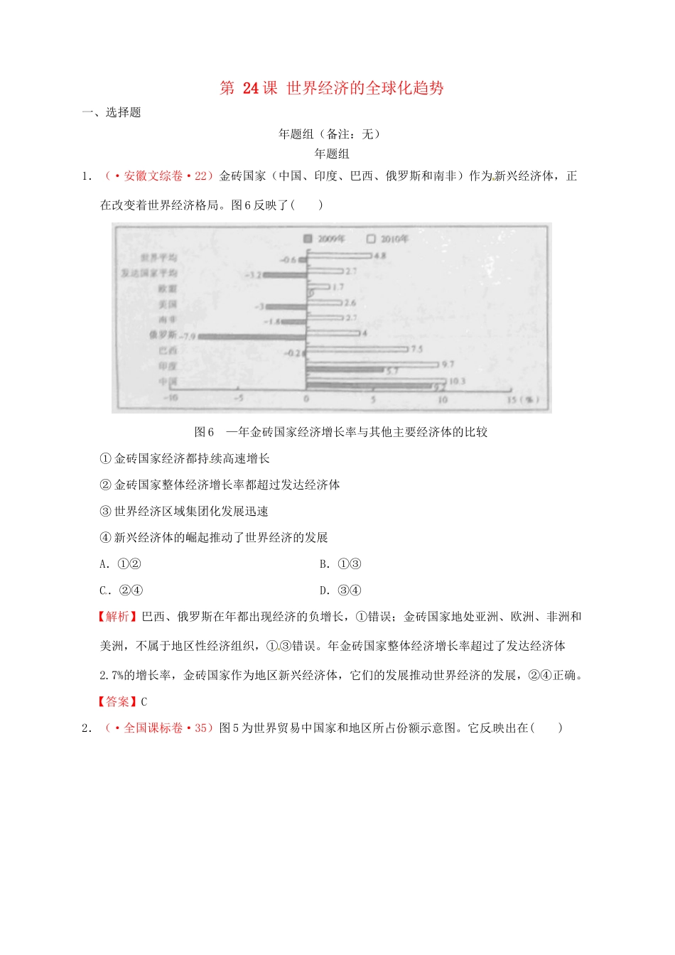 高考历史 真题按课汇编 第24课 世界经济的全球化趋势 新人教版必修2_第1页