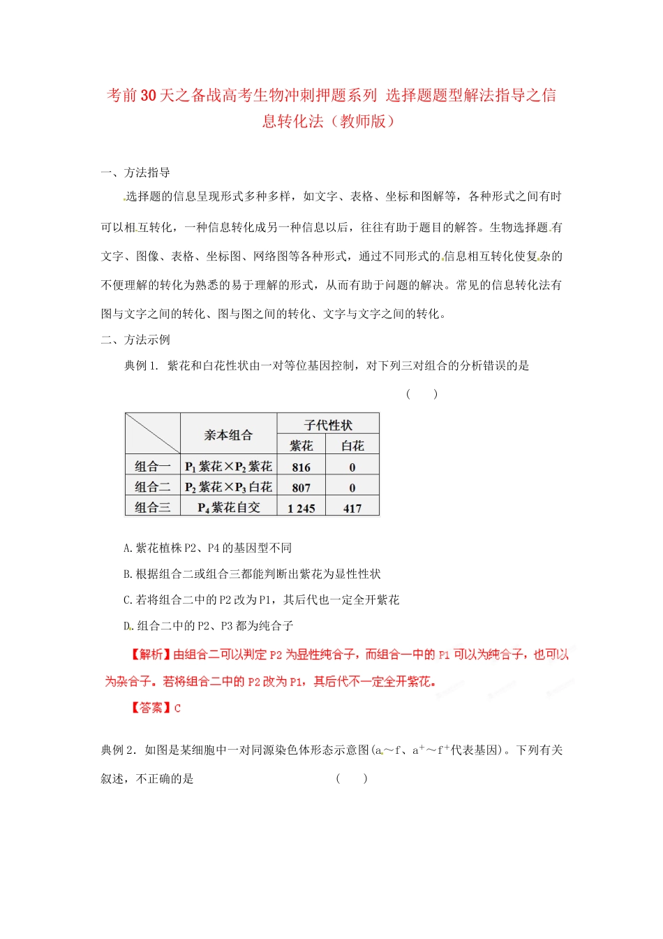 高考生物 考前30天冲刺押题系列 选择题题型解法指导之信息转化法（版）_第1页