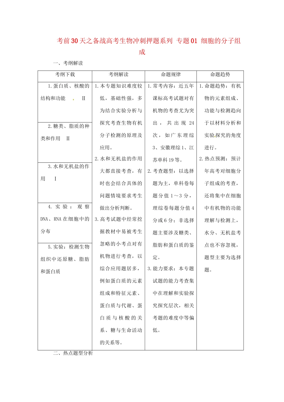 高考生物 考前30天冲刺押题系列 专题01 细胞的分子组成_第1页