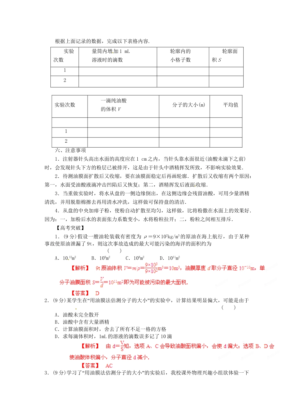 高考物理 考前30天冲刺押题系列实验08 用油膜法估测分子的大小_第2页