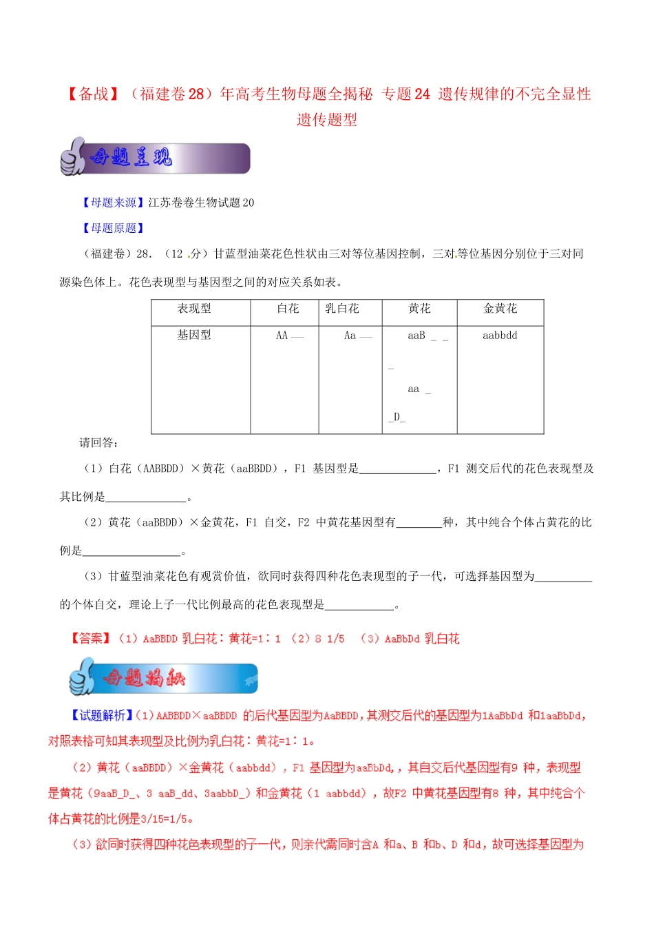 8高考生物母题全揭秘 专题 遗传规律的不完全显性遗传题型_第1页