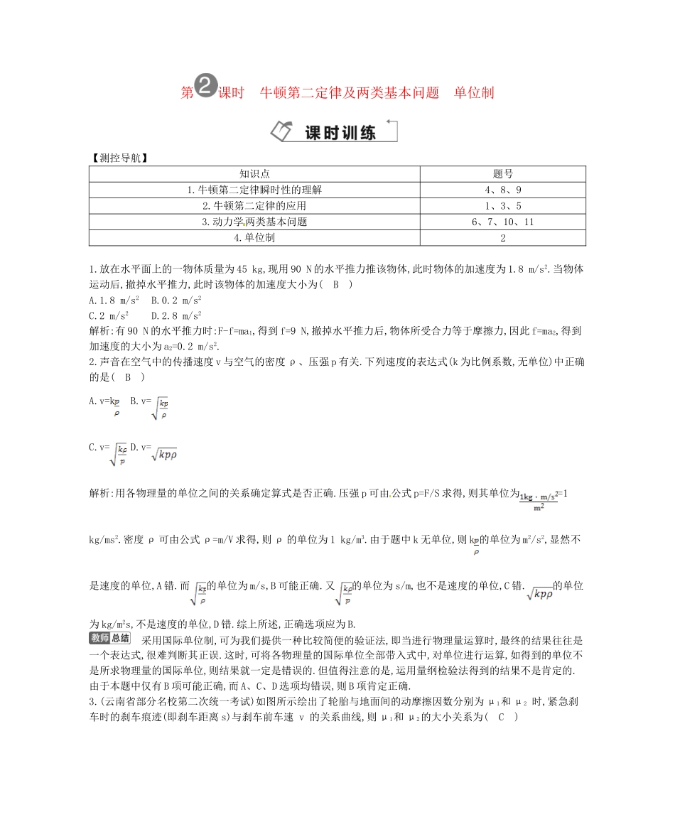 （福建专）高考物理一轮复习 第二课时牛顿第二定律及两类基本问题　单位制课时训练_第1页